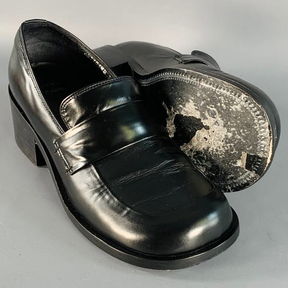 AMOMENTO Size 6 Black Leather Stacked Heel Penny Loafers main image 7